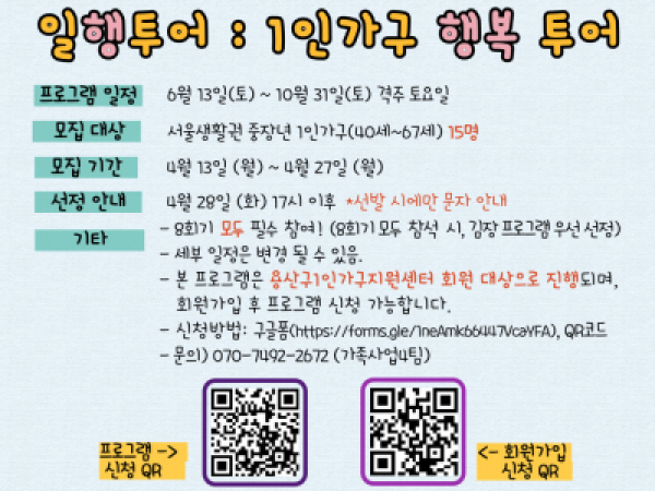 (용산구) [1인가구] 중장년 야외 및 문화과학체험 프로그램 '일행투어(1인가구 행복 투어)' 참여자 모집