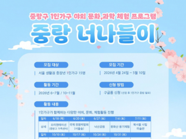 [중랑구] 1인가구 사회적관계망 야외 체험 프로그램 '중랑 너나들이' 개인 참여자 모집