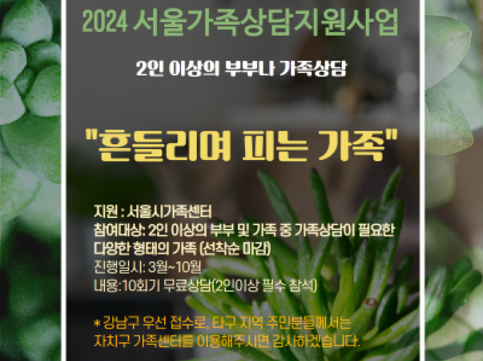[강남구] 2024 서울시가족상담지원사업 모집(여석에 한해)