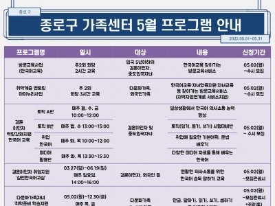 종로구 가족센터 5월 프로그램