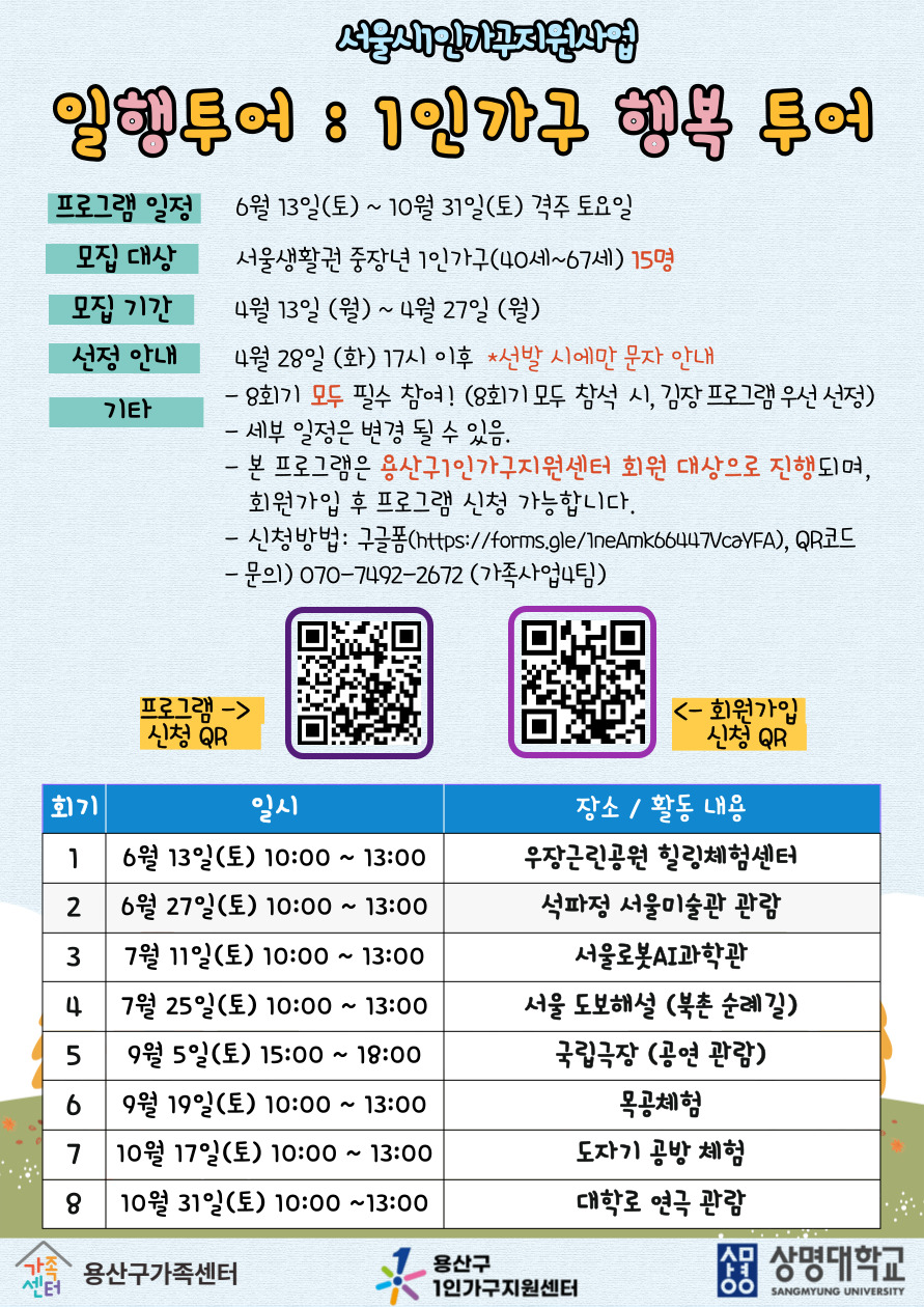 (용산구) [1인가구] 중장년 야외 및 문화과학체험 프로그램 '일행투어(1인가구 행복 투어)' 참여자 모집